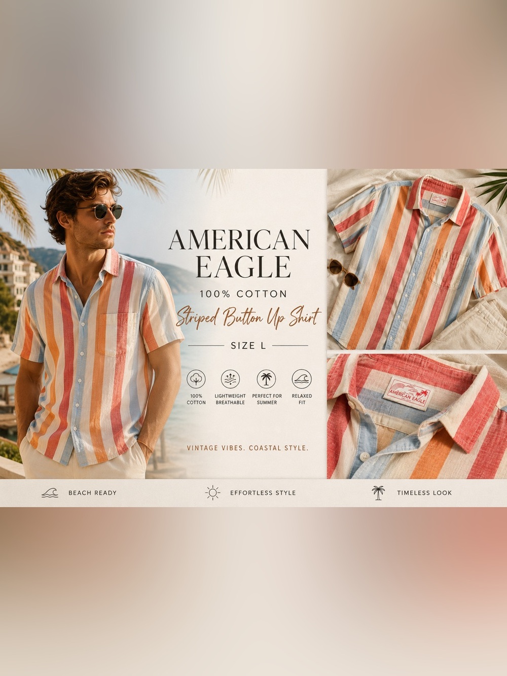 Pastel Striped Button Up Shirt L | Cotton Beach Vacation Shirt | AEO